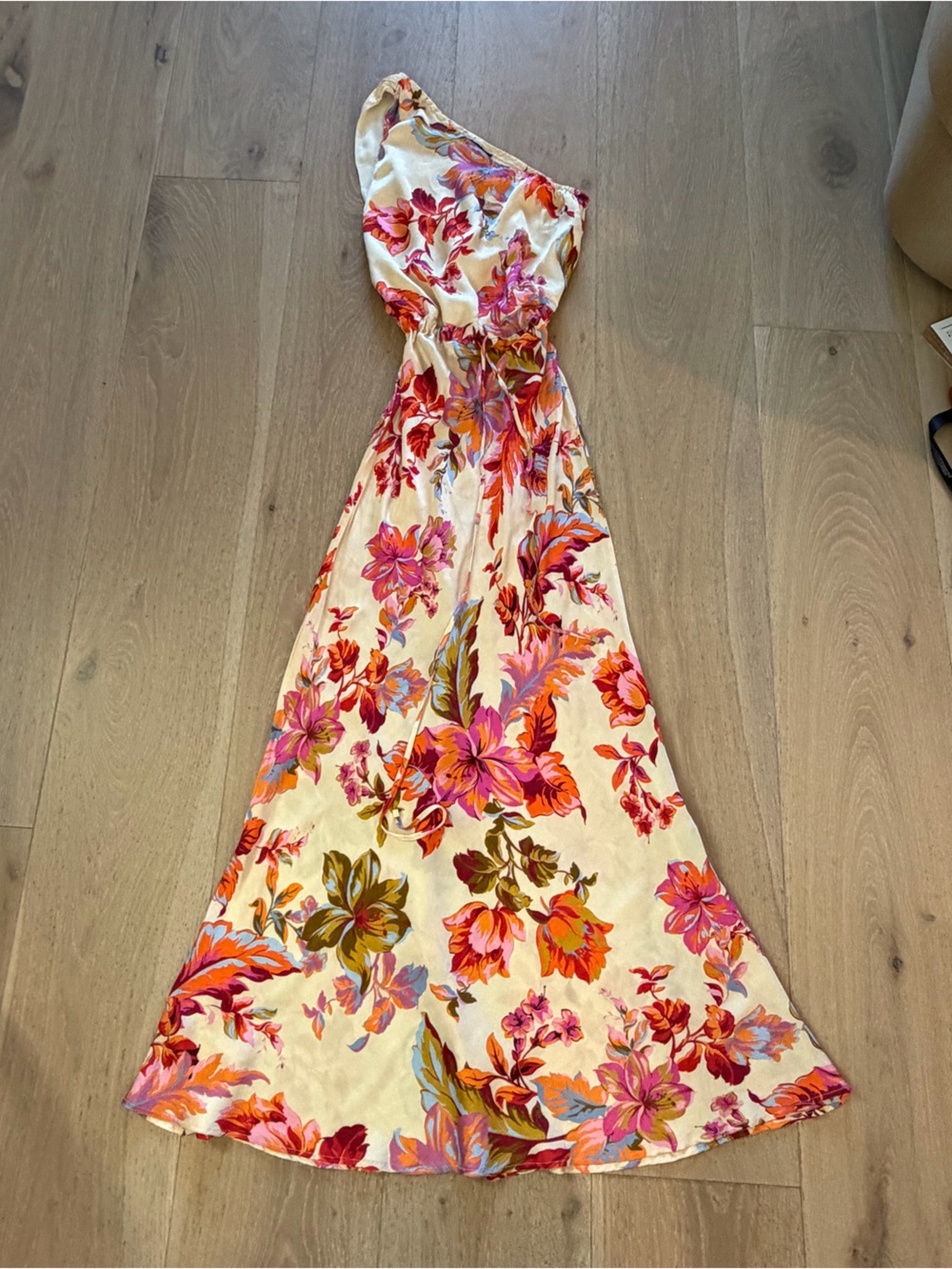 One-Shoulder Floral Maxi Dress in Cream and Pink